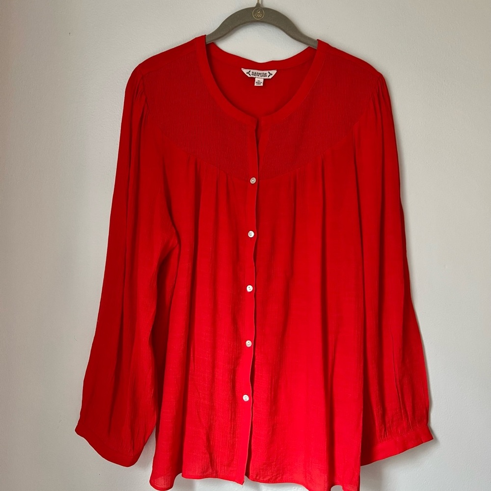 Nanette Lepore Vibrant Holiday Red Button Up Boho Blouse Top Unique Collar XL - Picture 2 of 8